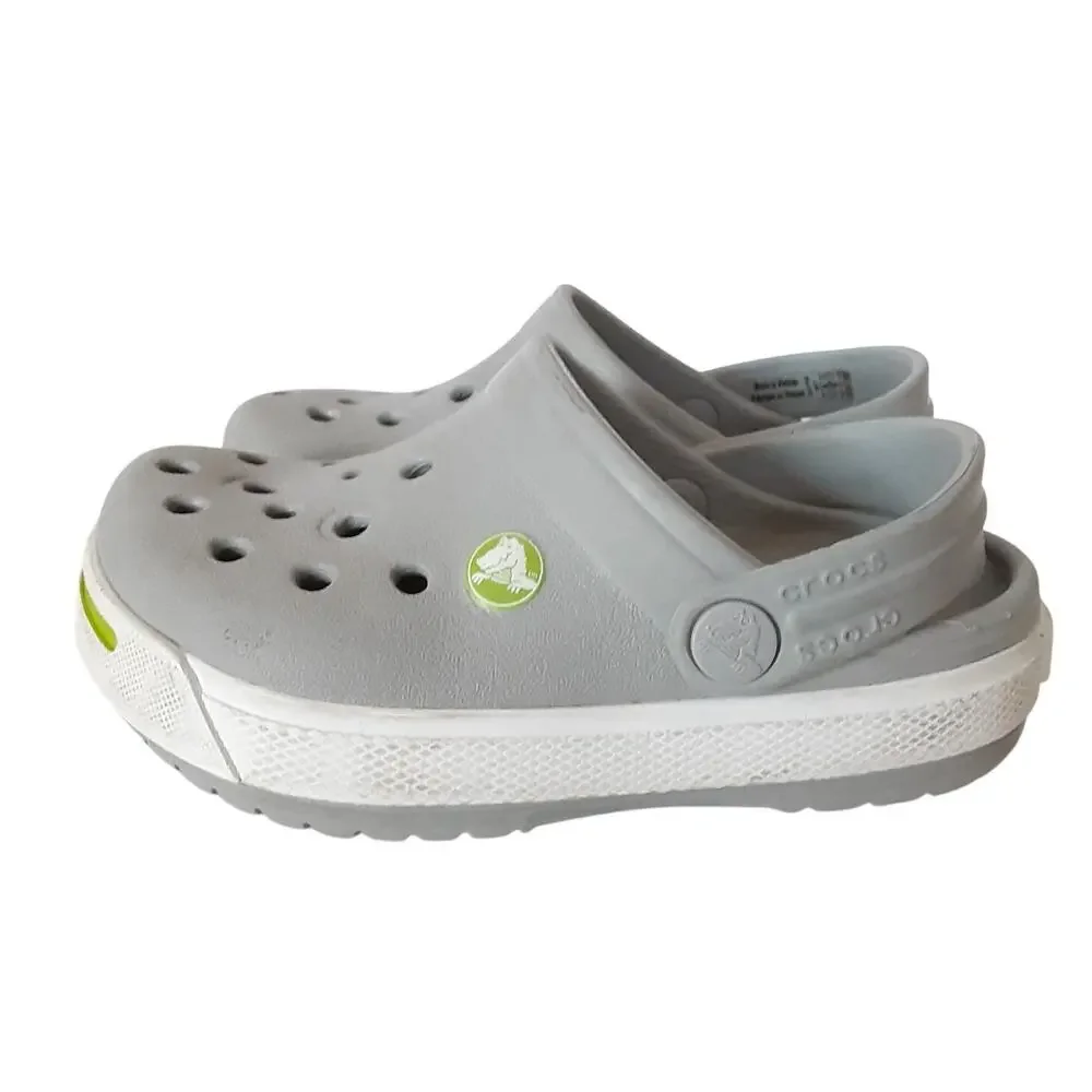 Crocs Crocband Clogs Boys 6/7 Gray Lime Green Stripe Retro Water Shoes Summer